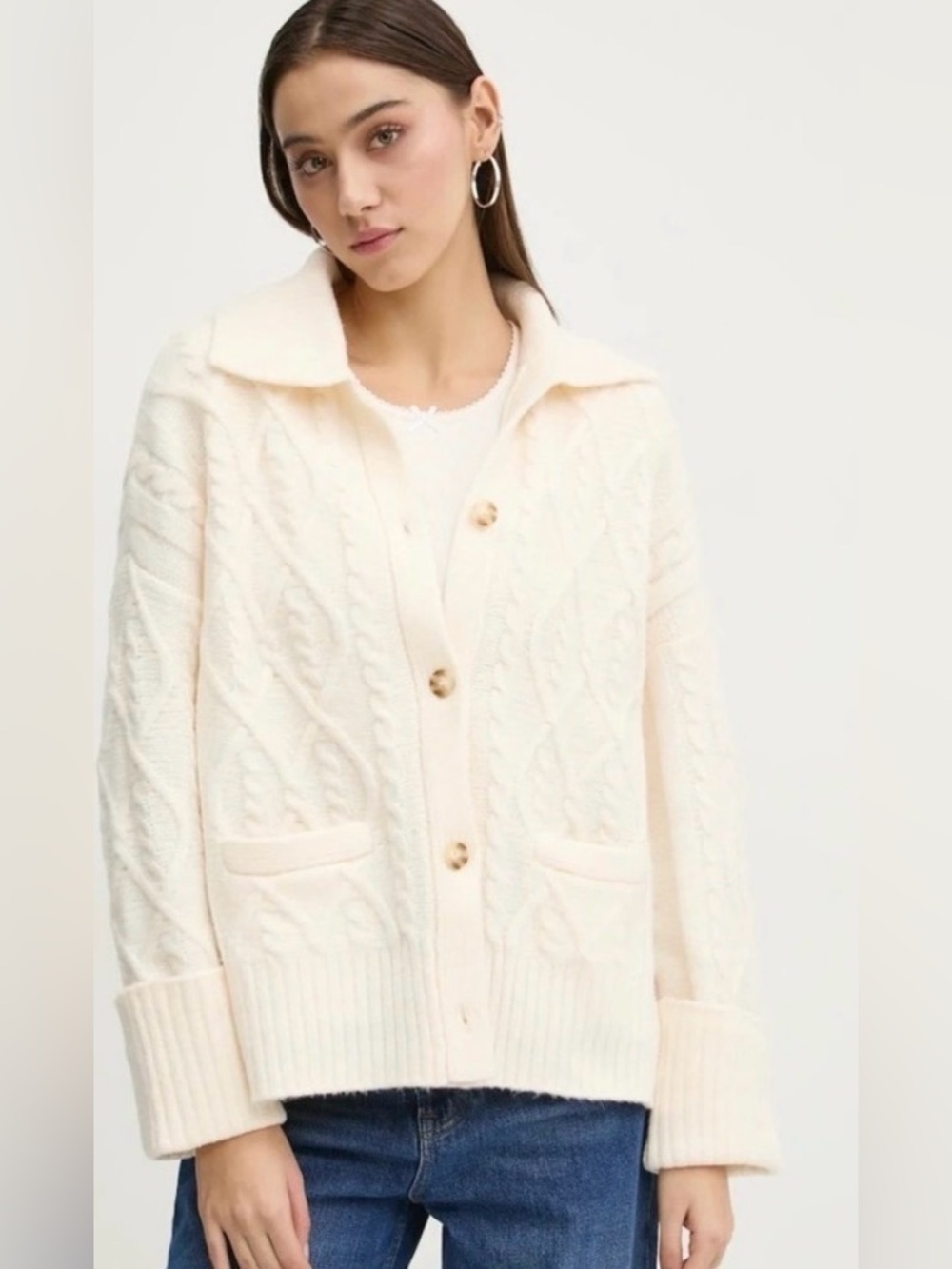 Abercrombie & Fitch Women's Cream Cable - Knit Collared pit-pit 21 (mix 38-1)